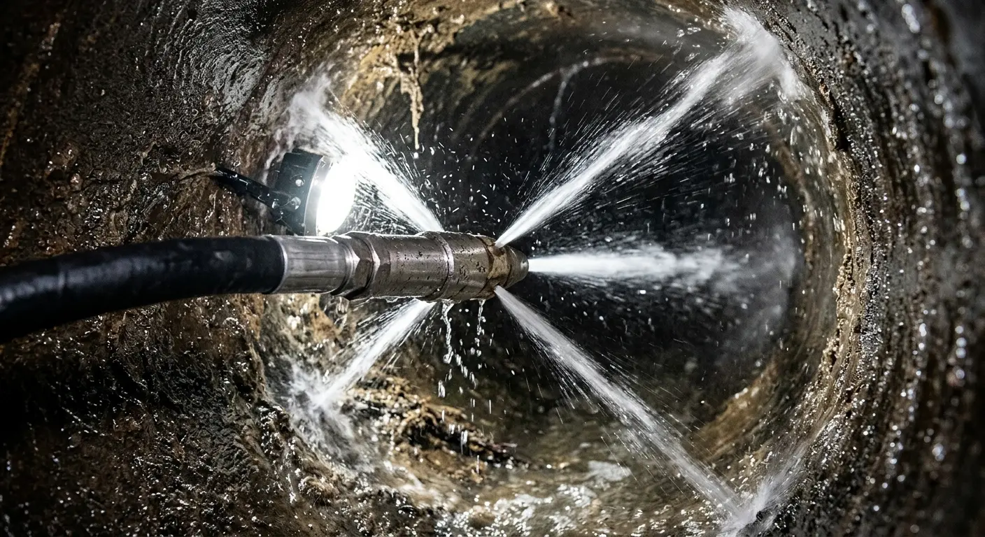 High-pressure hydro jetting nozzle cleaning sewer pipe for Trenchless Sewer Repair in Elkins