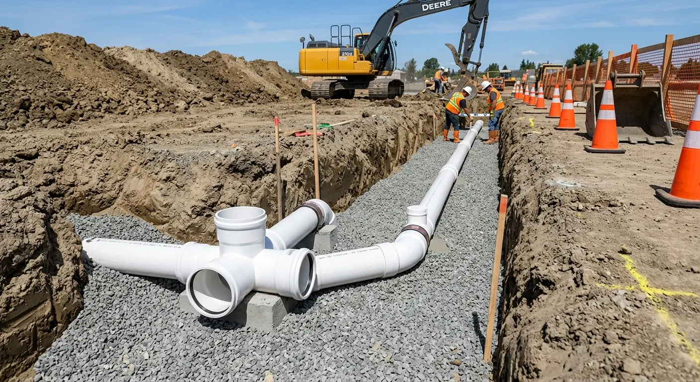 New PVC sewer pipe installation in open trench for Sewer Backup in Elkins