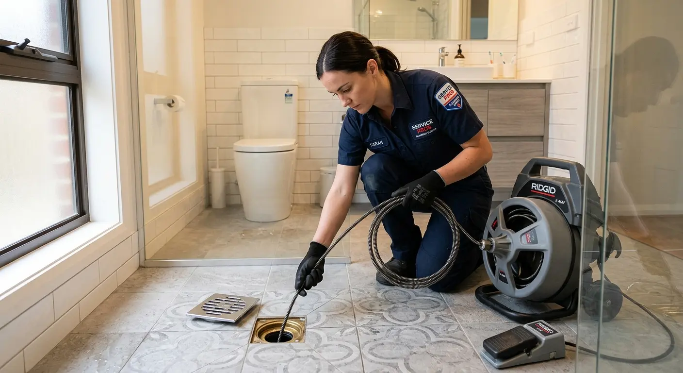 Technician clearing a bathroom floor drain for Sewer Line Replacement in Elkins